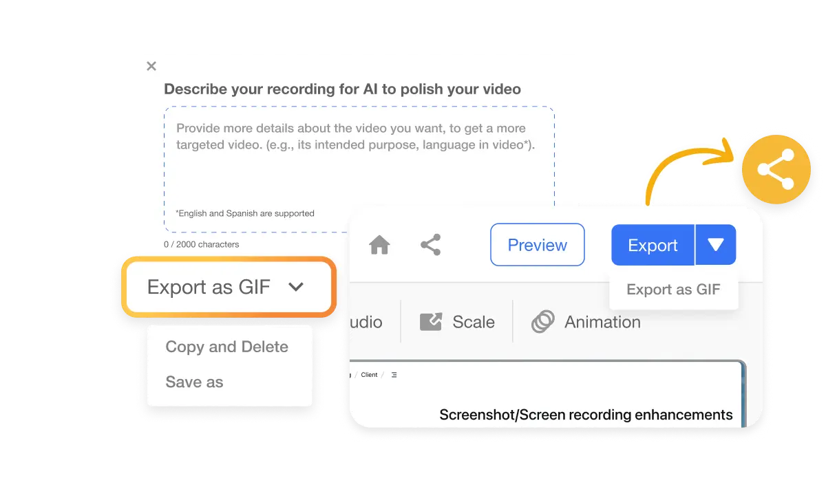 Export options in Visla's Screen Step Recorder, showcasing the ability to share content as a GIF or through various other formats, highlighted with a share icon for easy content distribution.